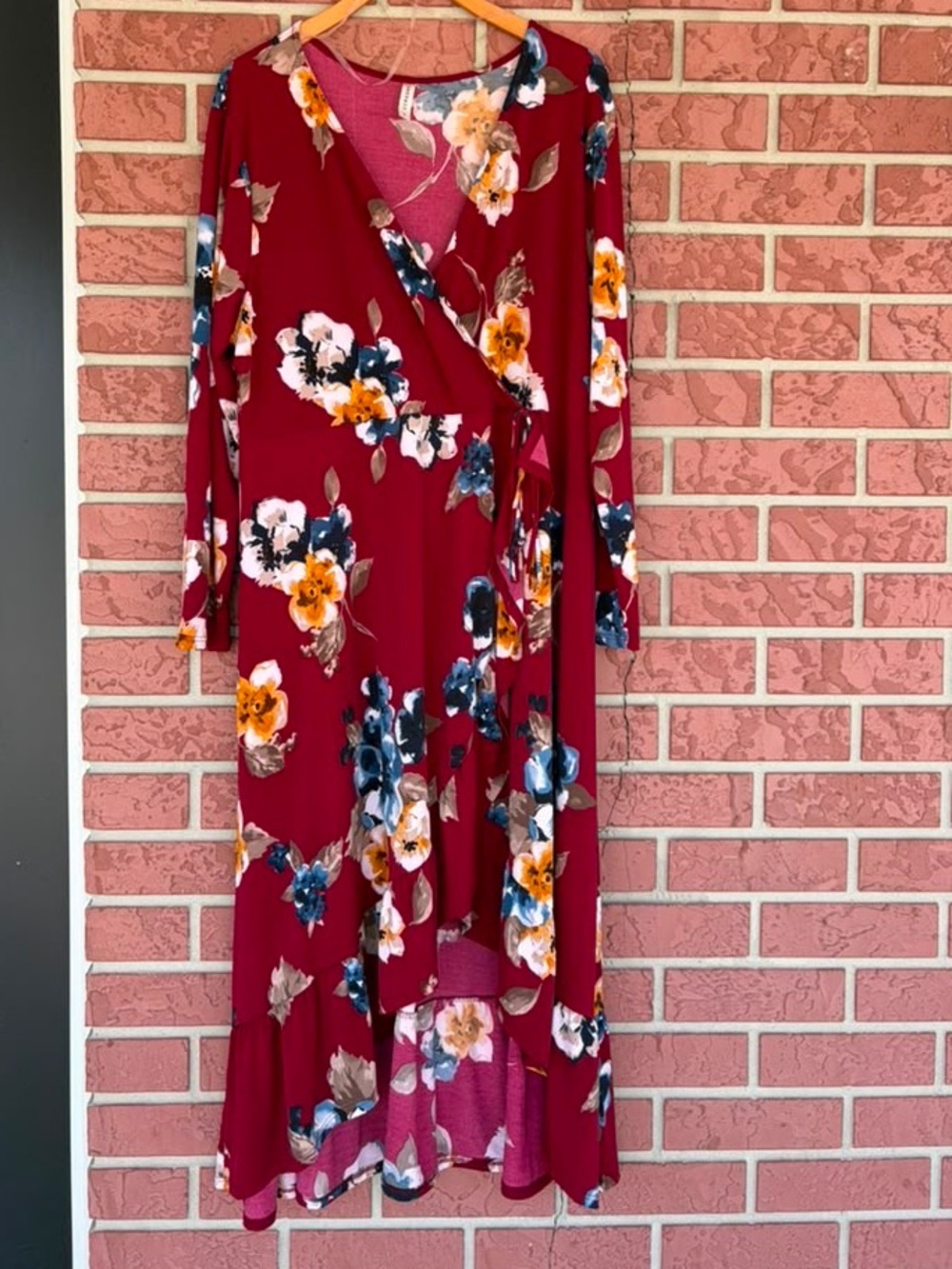 Emerald Burgundy Floral High-Low Wrap Dress